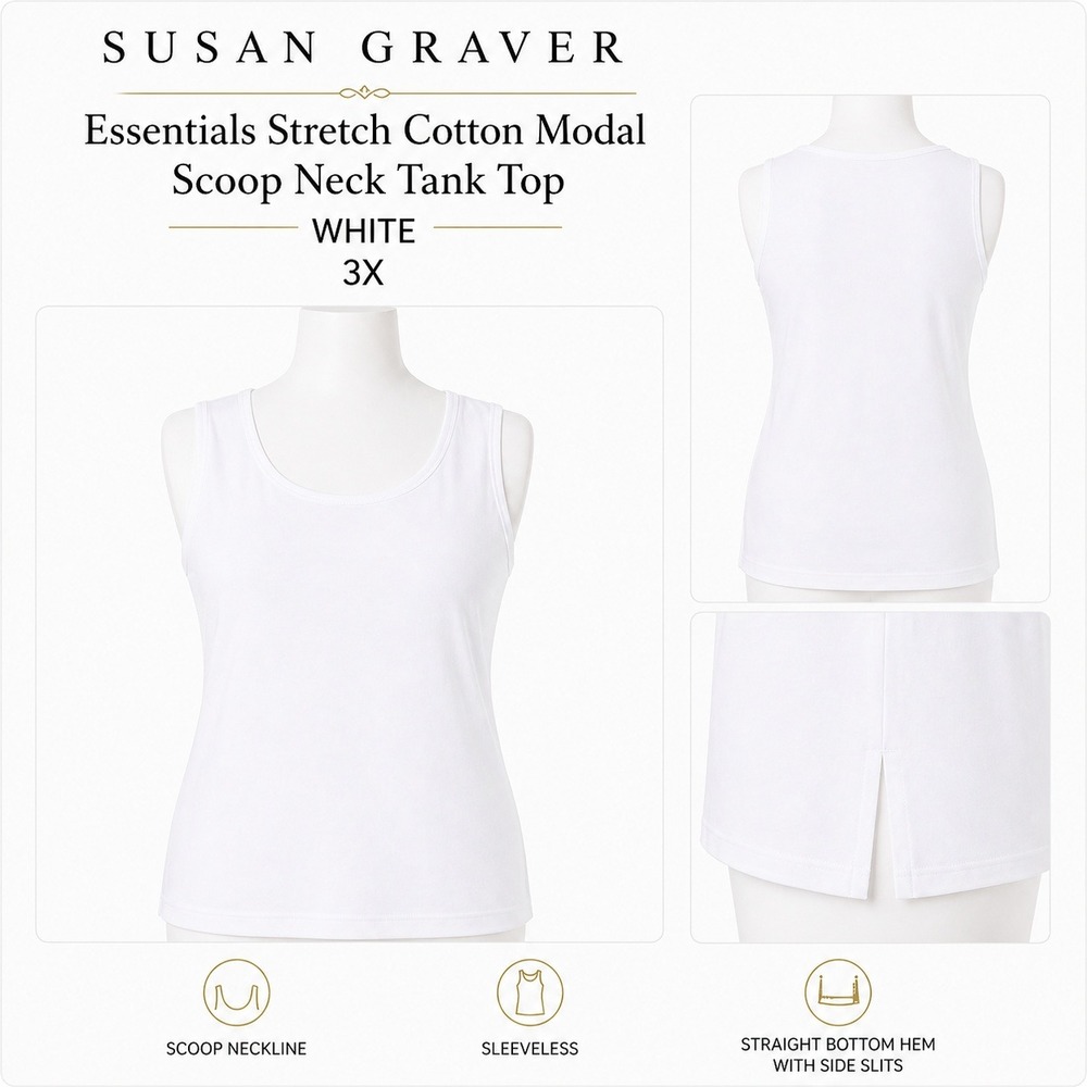 Susan Graver Womens 3X Essentials Stretch Cotton Modal Scoop Neck Tank Top White